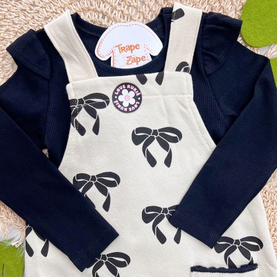 Conj. Blusa Manga Longa Ribana e Salopete de Moletom Laços - Preto e Areia